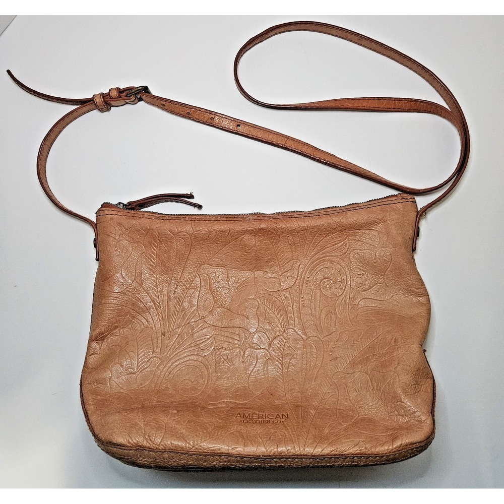 American Leather Co. Blake Hobo Crossbody Tooled Floral Leather Purse Bag Tan